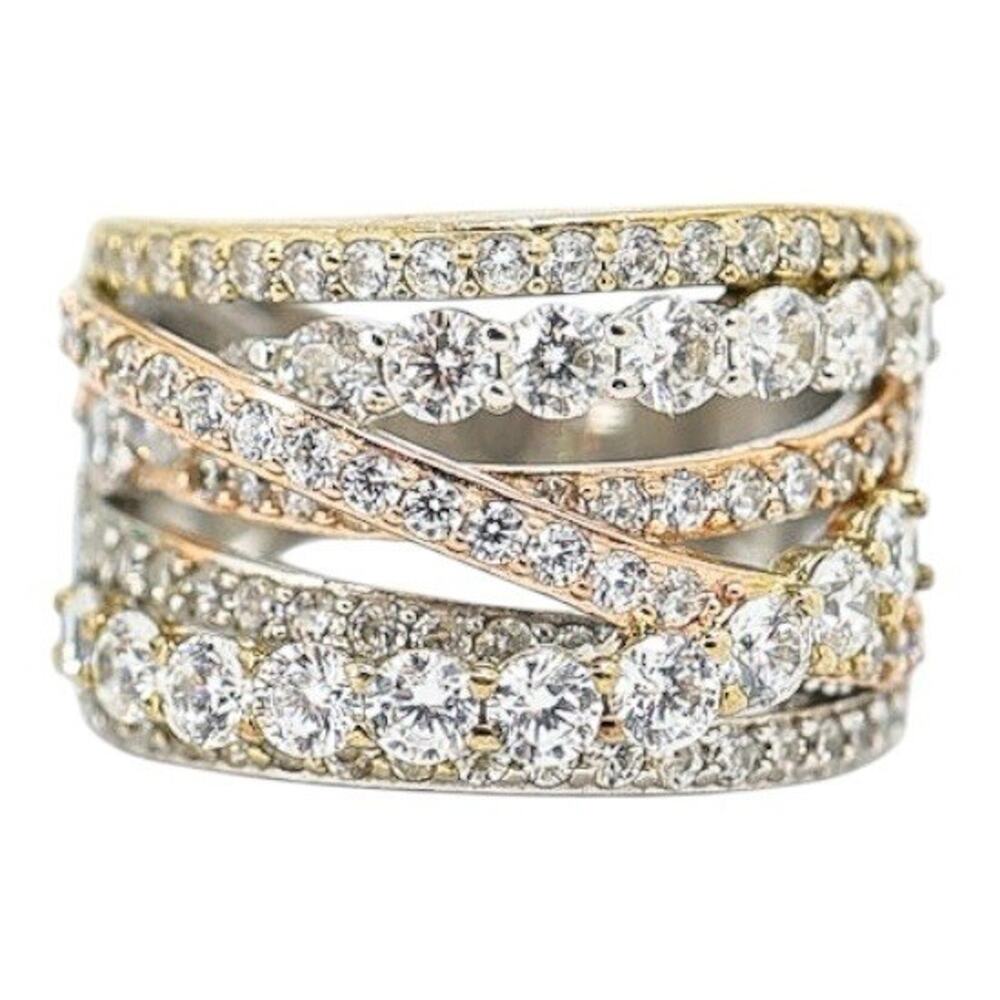 Vera Wang Love Collection CZ 925 Tri Tone Wide Cross Over Band Ring Size 7